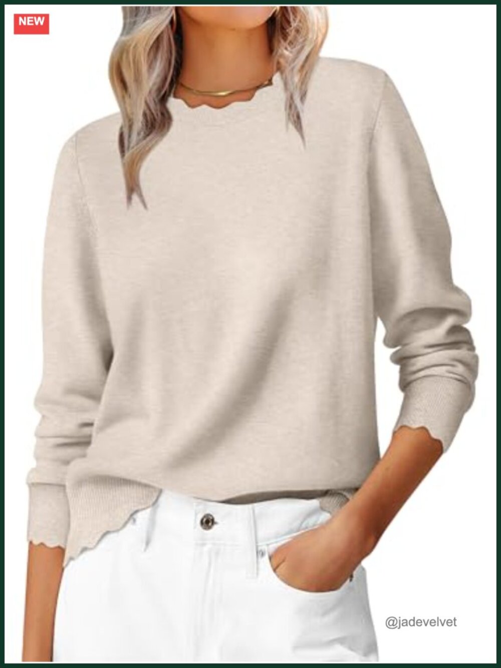 Lightweight Knit Pullover Sweater with Scallop Edge Long Sleeve